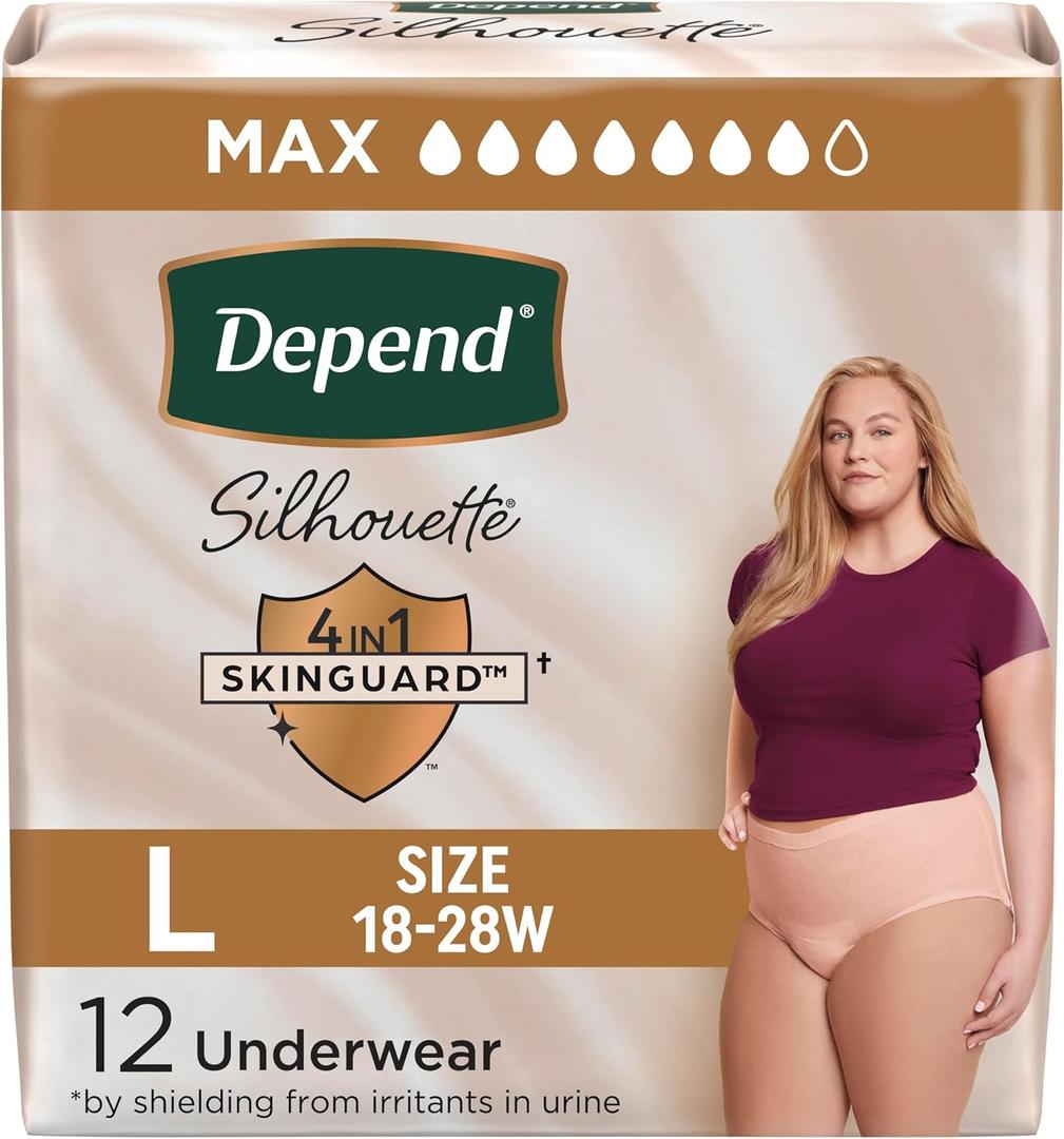 Depend Silhouette Adult Diapers, Incontinence & Postpartum Bladder Leak Underwear for Women, Maximum Absorbency, Large, Pink, 12 Count, Packaging May Vary