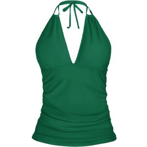 Women's Halter Tankini Top V Neck Swim Top Tummy Control Bathing Suit (Green, 20 Plus)