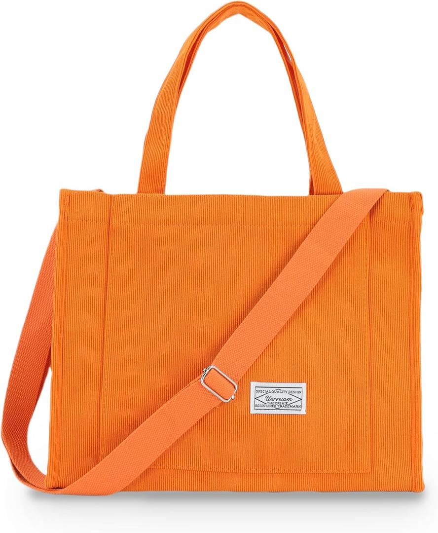 UERRUAM Corduroy Tote Bag for Women Work Crossbody Purse for Everyday,College,Travel,Lightweight Handbag Adjustable Strap (Large, Orange)