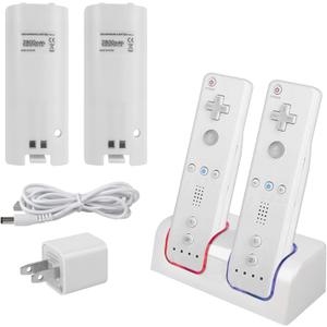 Wii Remote Battery Charger(Free USB Wall Charger+Lengthened Cord) Dual Charging Station Dock with Two Rechargeable Capacity Increased Batteries for Wii U Game Remote Controller (White)