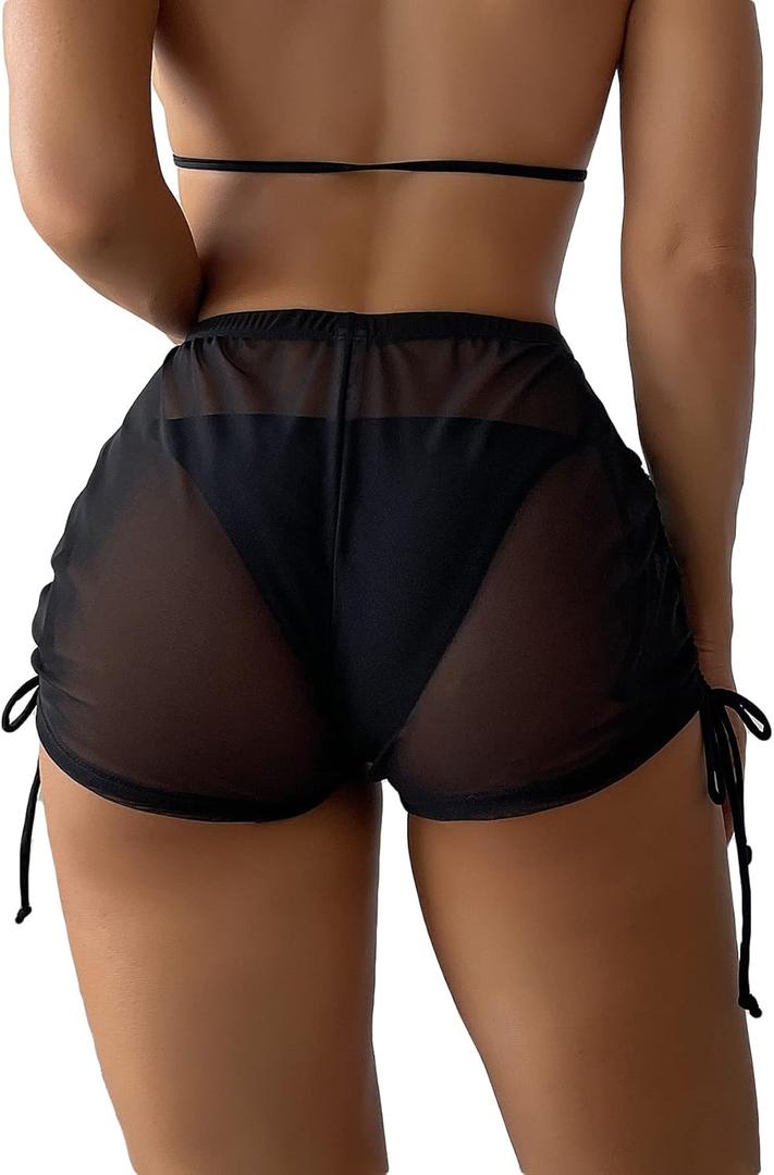 Women's Drawstring Side Mesh Sheer Beach Summer Cover Up Shorts Bikini Bottoms (Black) S