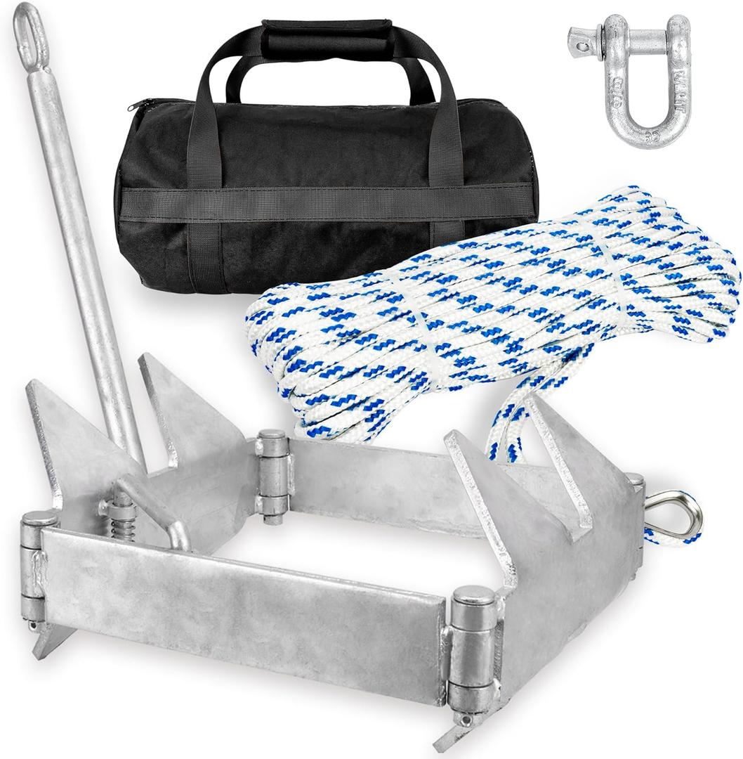 Young Marine Boat Slide Folding Anchor Kit, Hot Dipped Galvanized Sliding Anchor with Nylon Anchor Rope,Shackle,Storage Bag for 24ft to 40ft Offshore Sport Boats, Pontoon Boats (For boat up to 32ft - 19 lbs)