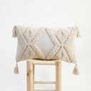 Boho Tufted Lumbar Throw Pillow Cover 12x 20, Modern Simple Diamond Farmhouse Neutral Linen Pillow Cushion Cases with Tassels, Cream Decorative Pillows for Bed, Outdoor Couch Bedroom Car (Beige)