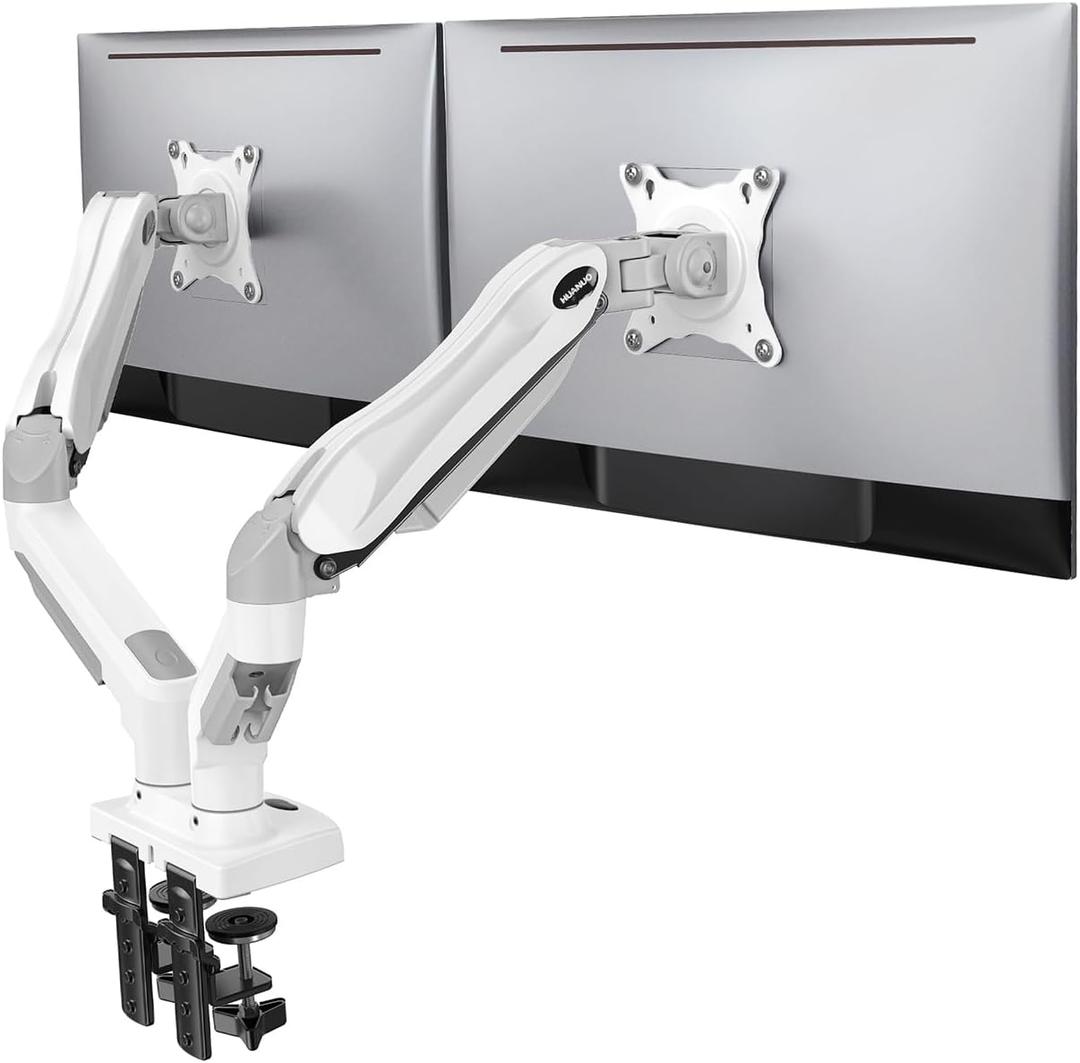 HUANUO Dual Monitor Stand - Full Adjustable Monitor Desk Mount Swivel Vesa Bracket with C Clamp, Grommet Mounting Base for 13 to 32 Inch Computer Screens - Each Arm Holds 4.4 to 19.8lbs - Whtie (White)