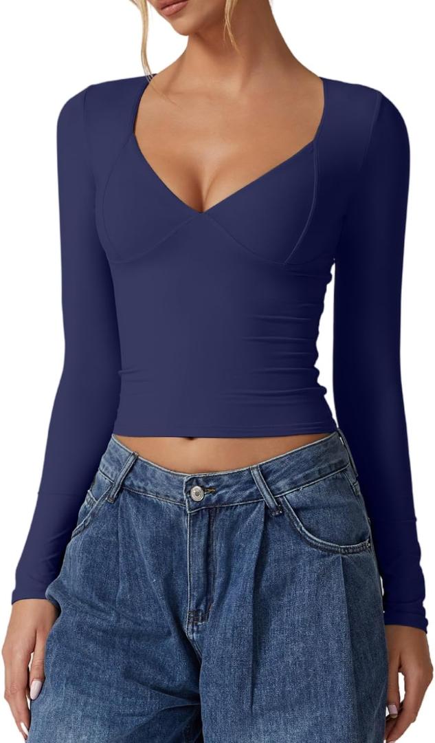 QINSEN Women's Long Sleeve V Neck T Shirts Double Lined Crop Top Seamed Cup Going Out Tops, S