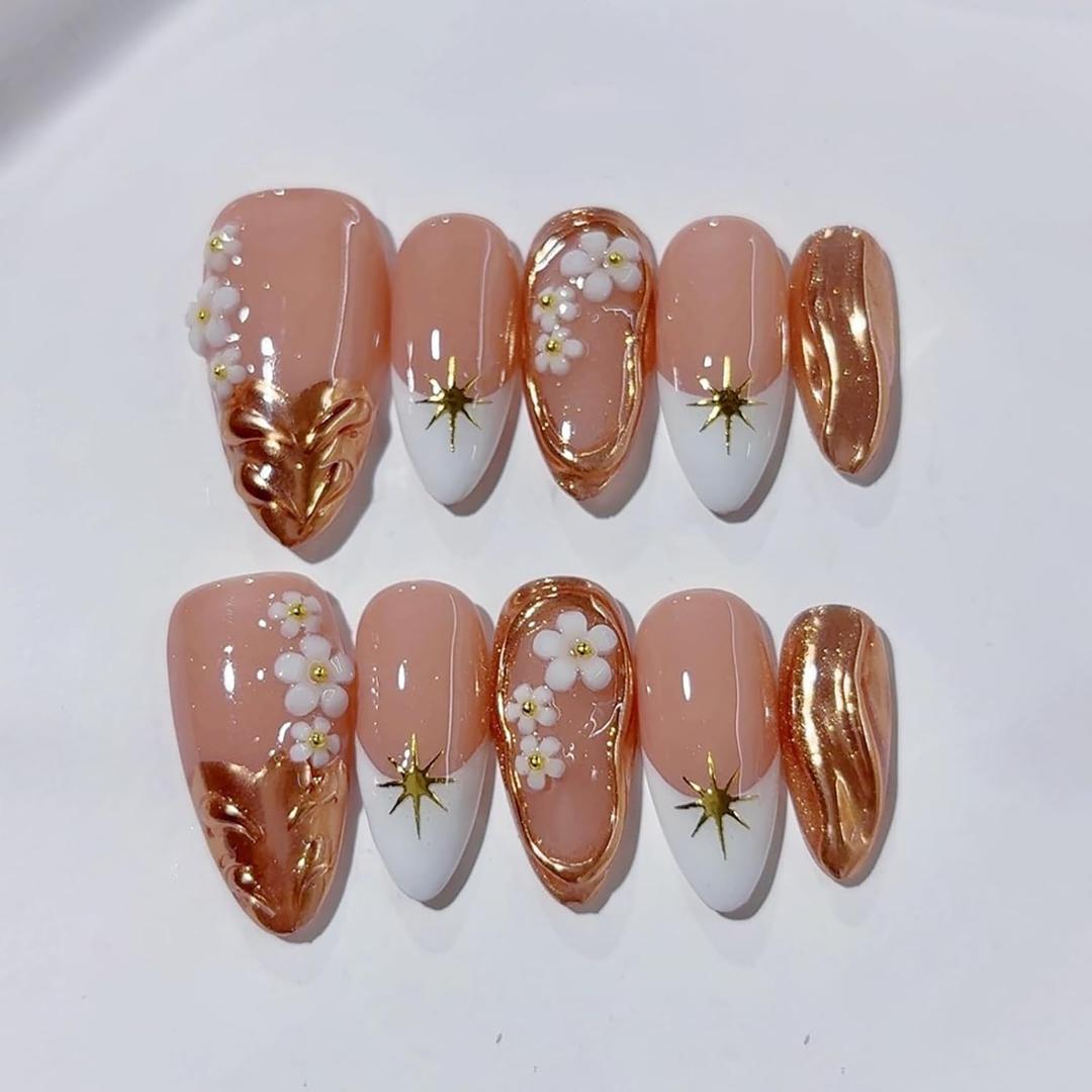 10Pcs Handmade Flower Press on Nails Almond Fake Nails French Tip False Nail with 3D Floral Rhinestone Design Handmade Acrylic Nails Press ons Spring Summer Flower Stick on Nails for Women (S)