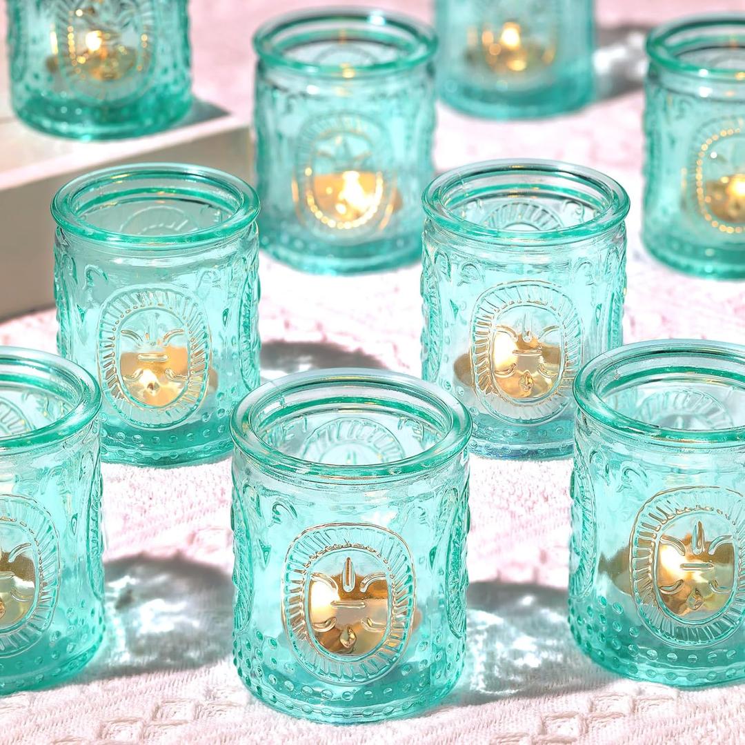 Blue Votive Candle Holders Set of 24, Glass Candle Holders for Wedding Centerpieces, Teal Decor for Home, Vintage Boho Party Table Bridal Shower Centerpieces