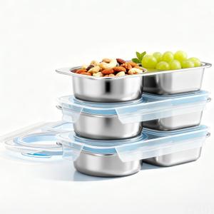 Bakpoco 3 Packs Stainless Steel Snack Containers For Kids Adults, 2 Compartment Reusable Metal Snack Boxes With Leak-Proof Lids, Compact Lunch Food Storage Container, 400ml