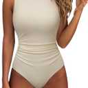 SUUKSESS Women One Piece Ruched Swimsuit Tummy Control Backless Bathing Suit (Medium, Beige White)