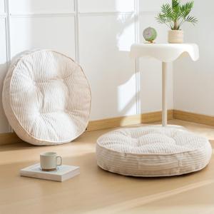 HIGOGOGO Floor Pillow Cushion for Adults, Meditation Cushion Pillow, Large Round Floor Sitting, Tufted Corduroy Cover, for Tatami Living Room or Yoga, 22x22 Inch, 2Pack, Beige