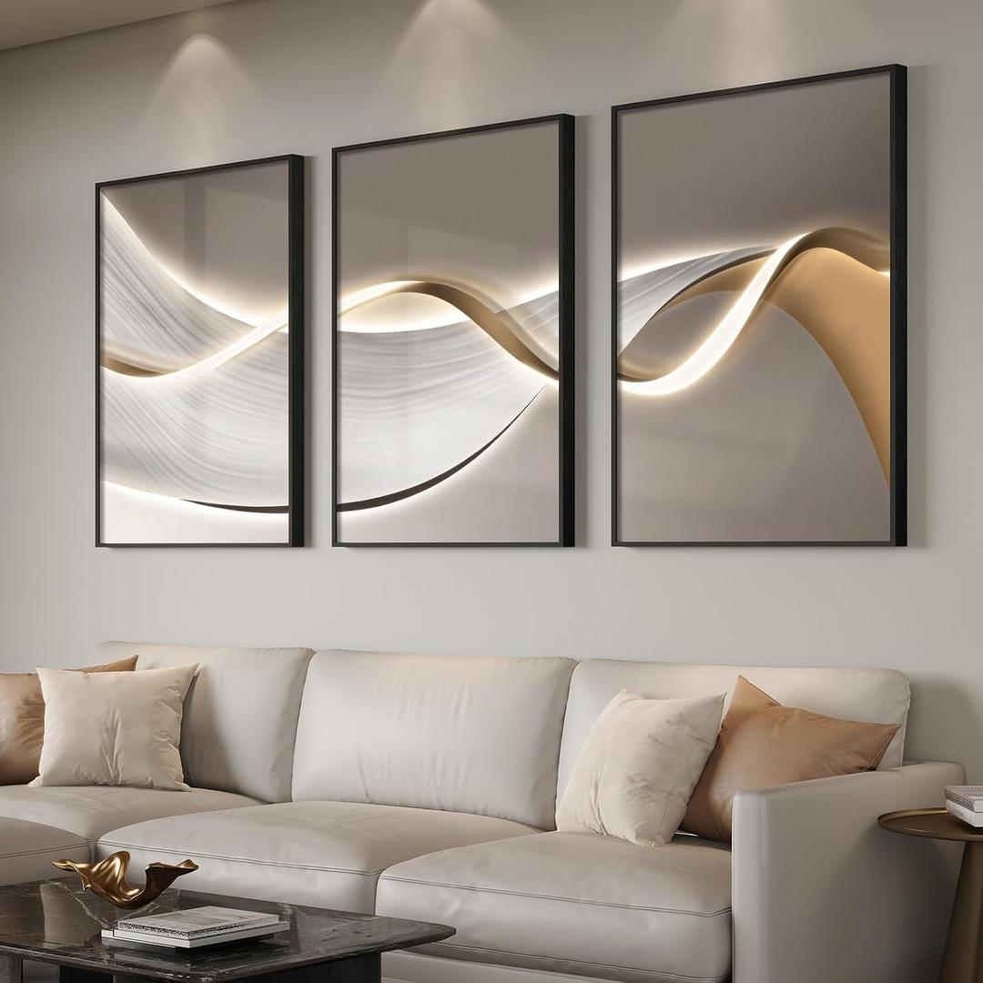 Large Framed Modern Luxury Abstract Wall Art for Living Room, 3 Piece Contemporary Elegant Bright Prints Paintings, Minimalist Grey Gold Line Pictures for Bedroom, Entryway, Office Wall Decor 24x36 In (Soft Flow Series)