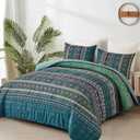 Boho Comforter Queen Size, 3 Piece Emeralds Green Bohemian Striped Western Comforter Set, Ultra-Soft Lightweight Microfiber Boho Hippie Bedding Set with 2 Pillow Shams for All Season