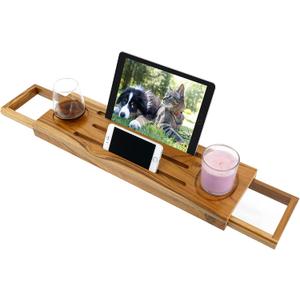 EcoFives Teak Bathtub Tray Caddy - Expandable Bath Tray - Adjustable Organizer Tray for Bathroom - Luxury Bath Caddy Tub Table, Bathtub Accessories & Bathroom Gadgets