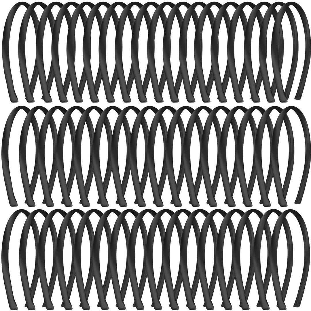 Duufin 50 Pieces Satin Headbands Black Plain Headband 1cm DIY Headband Satin Covered Hair Headbands for Girls and Women