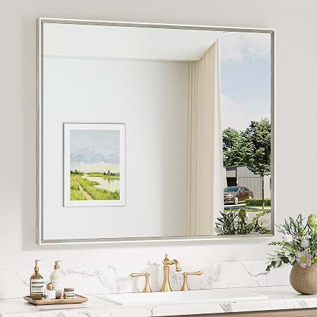 Keonjinn 42 x 36 Inch Brushed Nickel Bathroom Mirrors for Over Sink, Beveled Rectangle Framed Mirrors for Wall, Farmhouse Bathroom Vanity Mirror, Square Corner, Hangs Horizontally or Vertically