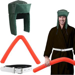 Funtery 3 Pcs Christmas Costumes Include Winter Faux Fur Green Trapper Hat White Robe Belt and Solid Orange Hose for Men Women Christmas Cosplay Party