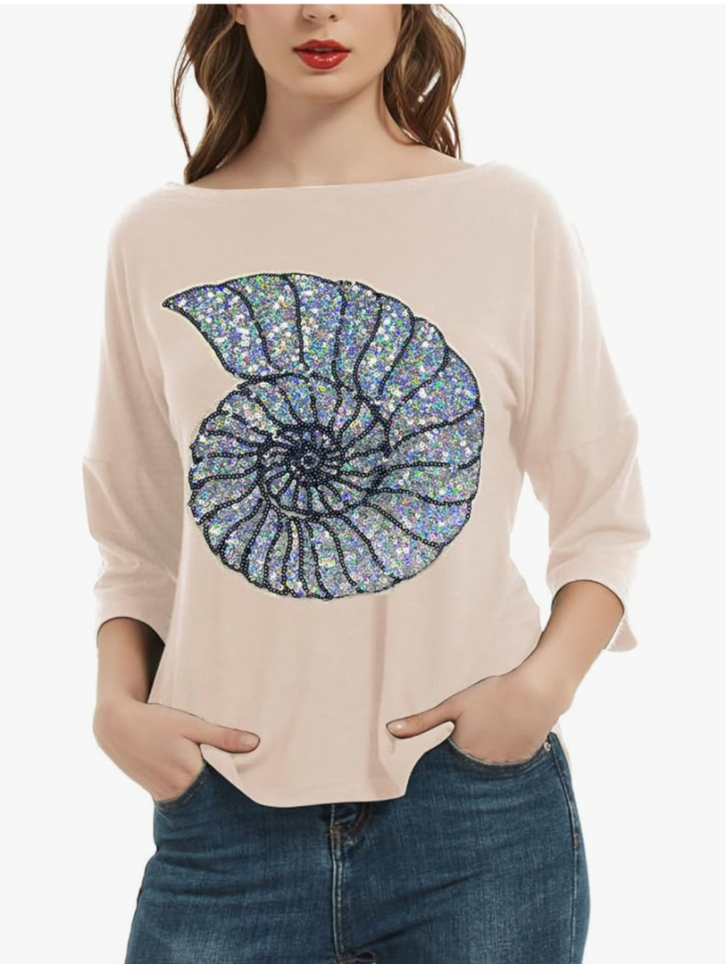 PESION Women's Sparkly Sequin Heart Love Shirts 3/4 Sleeve Loose Tunic Tops Boat Neck Love T-Shirt Tees Medium