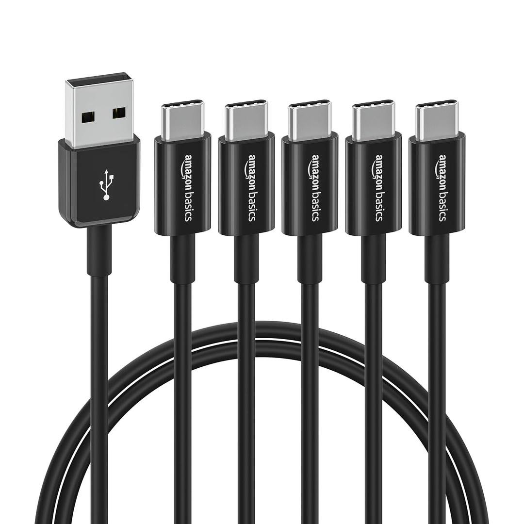 Basics 5-Pack USB-C to USB-A 2.0 Fast Charger Cable, 480Mbps Speed, USB-IF Certified, for Apple iPhone 16/15, iPad, Samsung Galaxy, Tablets, Laptops, 3 foot, Black