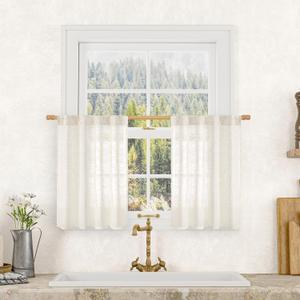 LAMIT Cream Linen Curtains 24 Inch Length, Semi Sheer Light Filtering Window Panels Back Tab and Rod Pocket Drapes for Kitchen/Small Windows, 25 x 24 Inch, 2 Panels