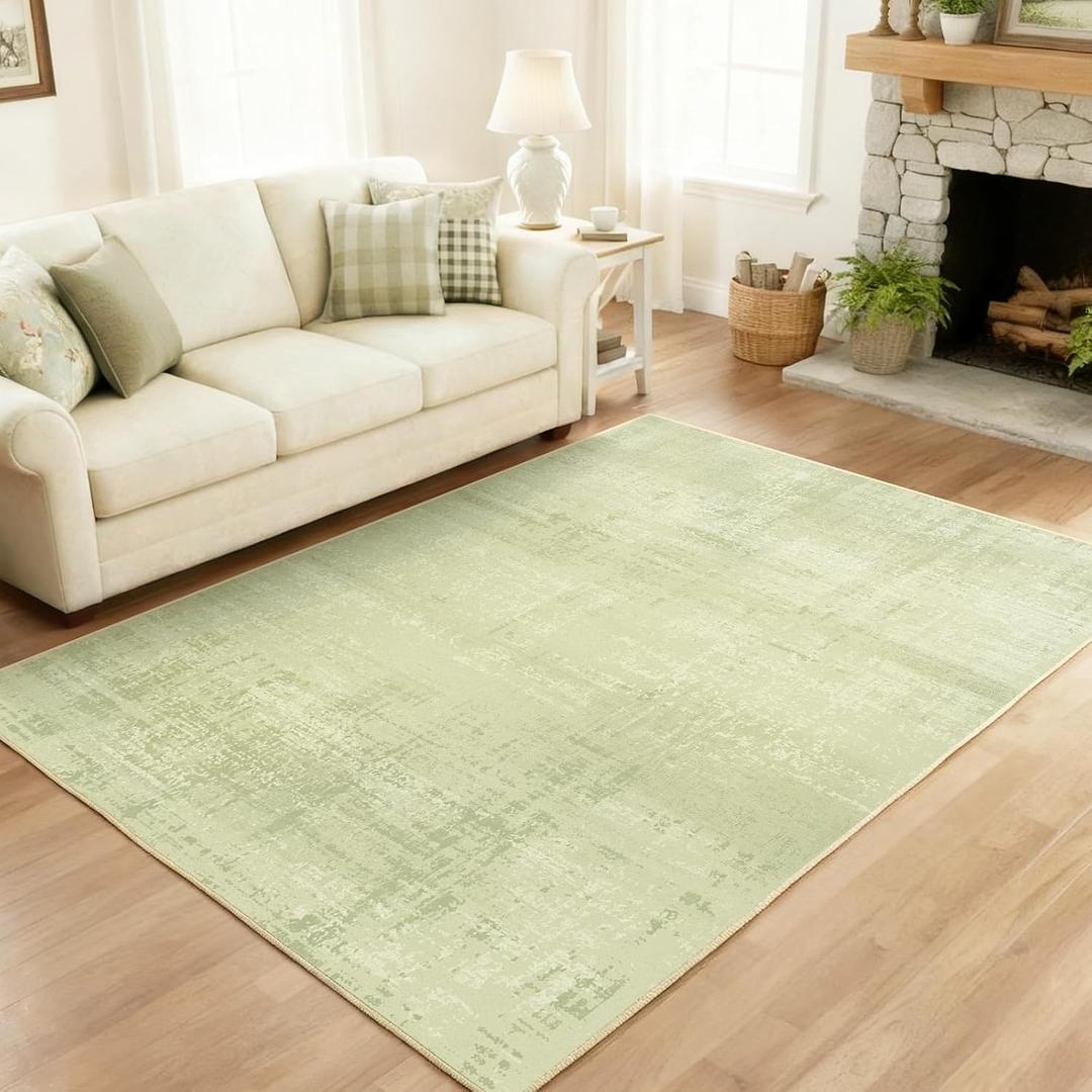 jxgzyy Washable Area Rug 5x7, Non Slip Living Room Rug, 0.2'' Low Pile Soft Carpet for Bedroom, Stain Resistant Rug for Dining Table, Modern Abstract Fresh Forest-Style Sage Green (7'3" x 4'11" (Rectangular))