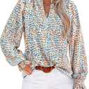 MASCOMODA Womens V Neck Floral Long Sleeve Tops 2025 Summer Casual Loose Puff Sleeve Chiffon Boho Work Blouse Dressy T Shirts (XL)