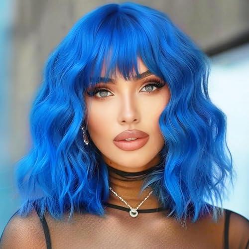 Miuric Blue Wig for Women Short Wavy Wigs with Bangs Bob Curly Wig Women's Colorful Wigs Shoulder Length Synthetic Heat Resistant Fiber Wigs for Cosplay Halloween Costume Party(14 Inches)