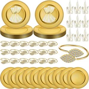 Tioncy 72 Pcs Chargers for Dinner Plates 13 Inch Round Plastic Reef Plate Chargers with Napkin Rings and Satin Napkin for Dinner Wedding Party Decoration(Gold,Classic)