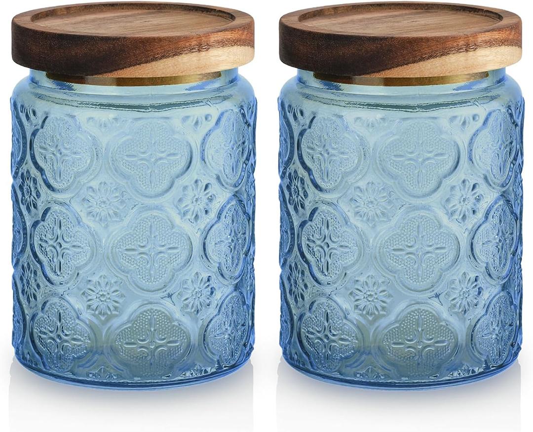 2 pack Decorative Mason Jars with Wooden Lids Colored Glass Kitchen Canister for Coffee Tea Cookie Airtight Vintage Food Storage Container with Embossed Floral Pattern (Blue Crabapple, Small)