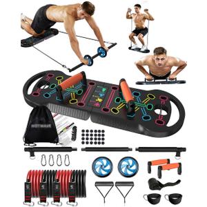 HOTWAVE Portable Exercise Equipment with 16 Gym Accessories,20 in 1 Push Up Board Fitness,Resistance Bands with Ab Roller Wheel,at Home Workout for Men (remium Kit)