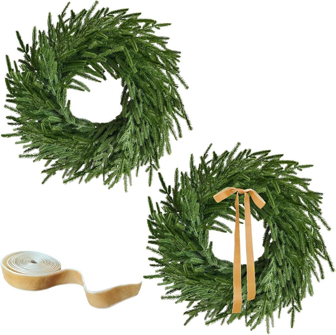 24 Inch Real Touch 2 Pcs Norfolk Pine Wreath Christmas Decorations for Front Door, Artificial Plants Green Christmas Wreath with Lights Home Decor, Xmas Decor for Mantel Wall Holiday Winter Decor