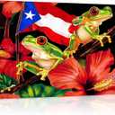 Frog Puerto Rico Flag Canvas Print Wall Art - Red Hibiscus Flower Tropical Plants - Wall Decor Modern Artwork Paintings Pictures for Living Room Stretched and Framed Ready to Hang - 16" x 24"