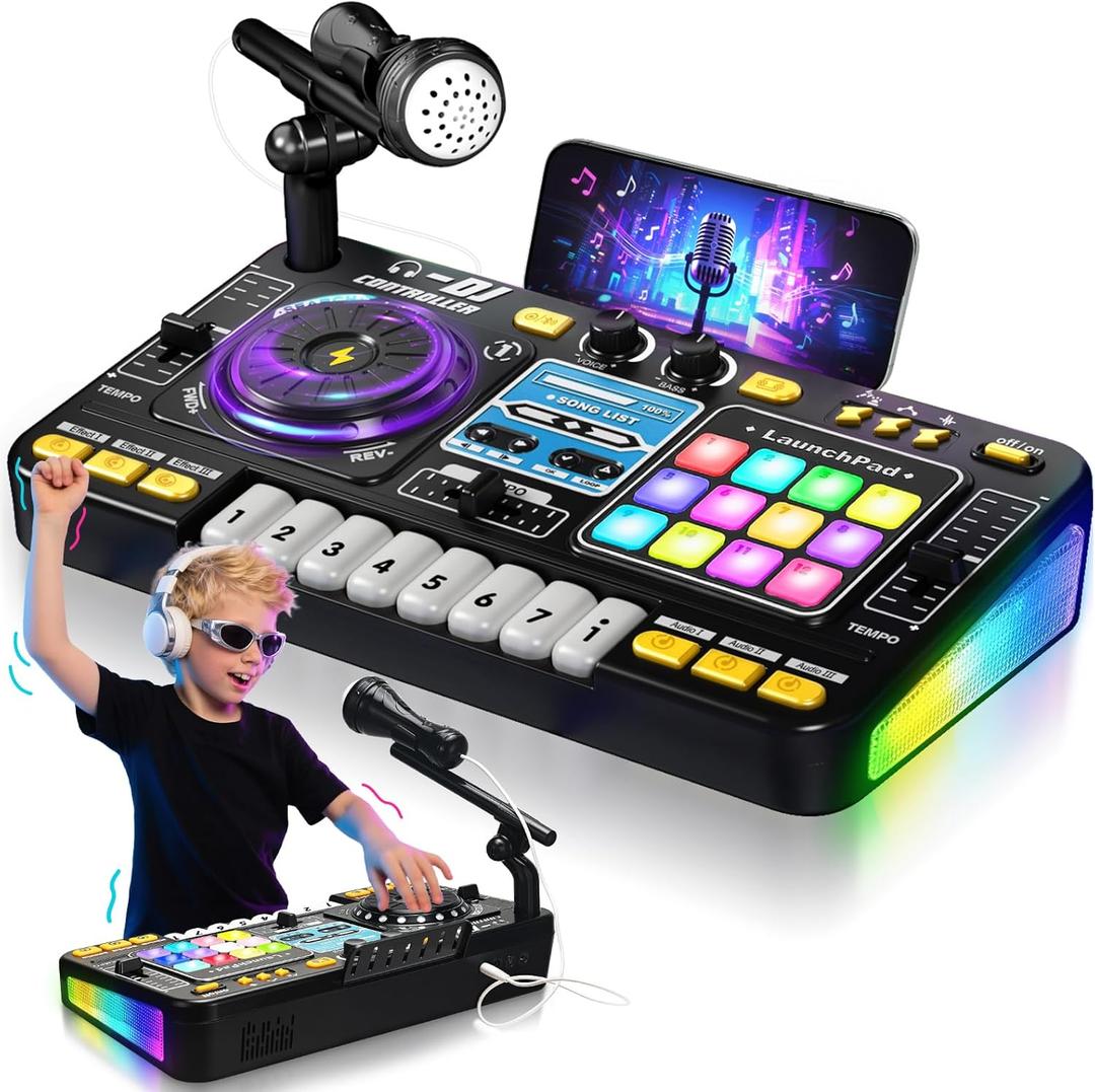 DJ Mixer for Kids, Toddler DJ Mixing Table with DJ Turntable, Game Mode, Light & Speed Control and Microphone, Gifts for 3 4 5 6 Years Old Boys Girls - Kid DJ Mixer Set (Black)