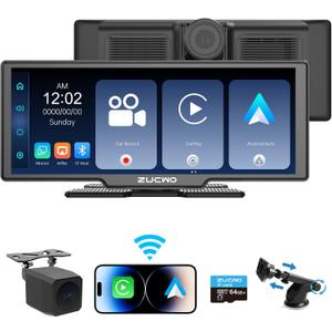 10.26 Inch Wireless CarPlay Screen for Car, Apple CarPlay & Android Auto Touch Screen with Rear Camera, BT Music, Navigation, Voice Control for Vehicles (Black)
