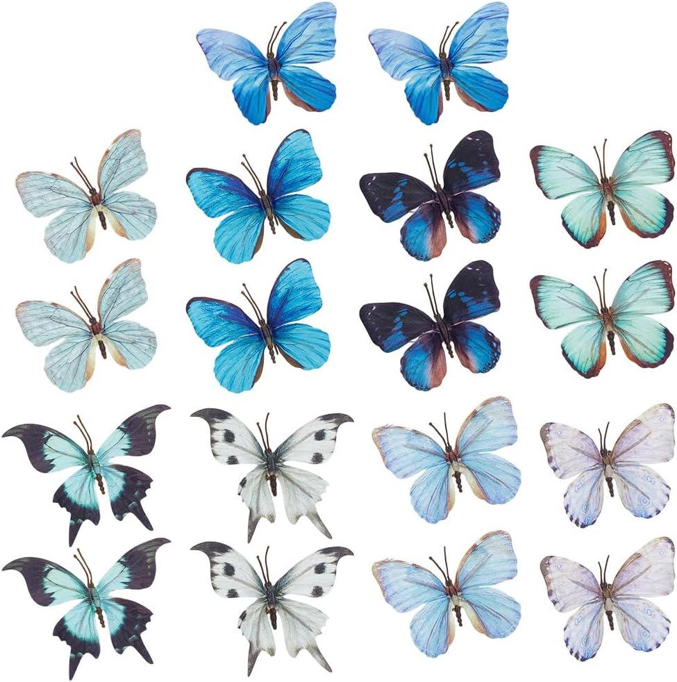 PLIGREAT 18 Pcs Artificial Butterfly Fake Blue Butterflies 9 Styles Silk Floral Butterflies for Home Festive Birthday Party Flower Arrangement Decoration DIY 3D Decorative Butterflies