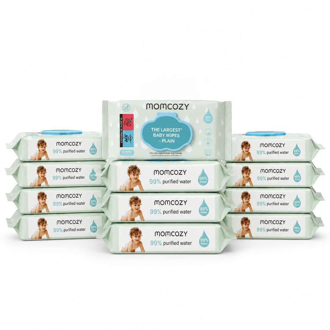 Momcozy PLAIN Baby Wipes Unscented, Minimal Ingredient Formula, 12 Packs | 99% Purified Water Base, Hypoallergenic, Cleansing & Moisturizing Wet Wipes for Sensitive Skin, 720 Count (12 Packs)