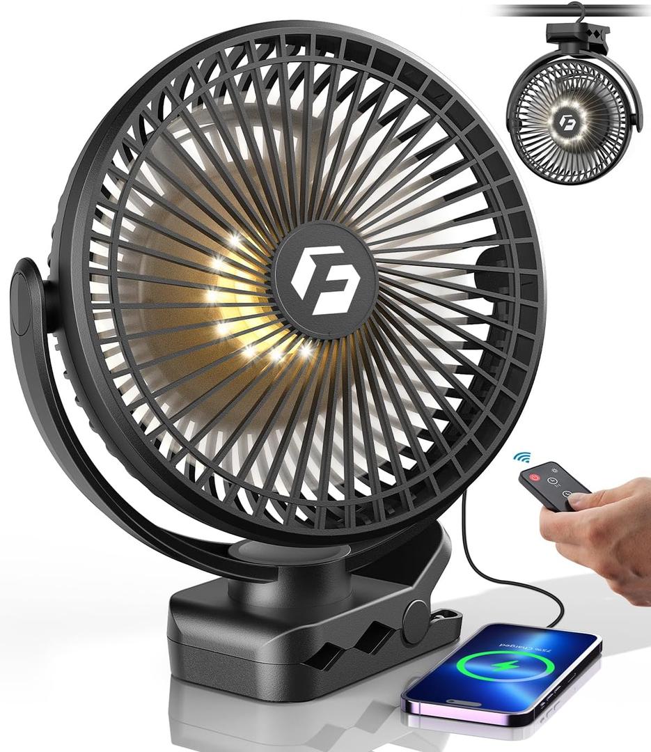 24000mAh Clip on Fan for Golf Cart - 8-inch Portable Rechargeable Fans - Max Up to 150Hrs Work Time - Battery Operated Fan with LED, Remote, Timers, Hook for Office, Desk, Camping, Tent, Treadmill (Black)
