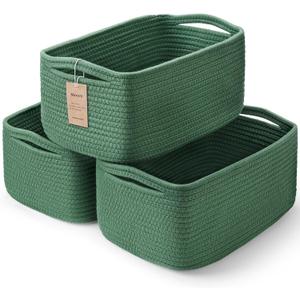 3-Pack Shelf Baskets for Organizing, Closet Organizer Bins, Small Woven Baskets, Rope Toy Basket, Storage Basket for Shelves, Cube Decorative Box, 11.87.85.1, Green