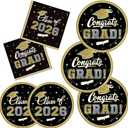 Class of 2026 Graduation Party Supplies - Serve 16 with Black and Gold Graduation Decorations Disposable Paper Plates and Napkins Set, for Congrats Grad Decorations and Favors