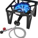 Vivicreate Propane Gas Stove, 185000 BTU High Pressure Outdoor Camping Stove with Regulator, Cast Iron Burner, CSA listed regulator and gas hose,Black (Normal)