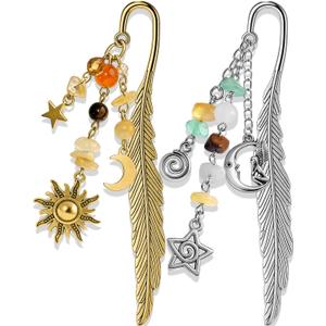 Buleens 2 Pack Bookmarks for Women Reading - Book Marks for Readers Book Lovers, Vintage Sliver Gold Celestial Star Moon Sun Personalized Metal Bookmark with Pendants, Book Accessories Reading Gifts