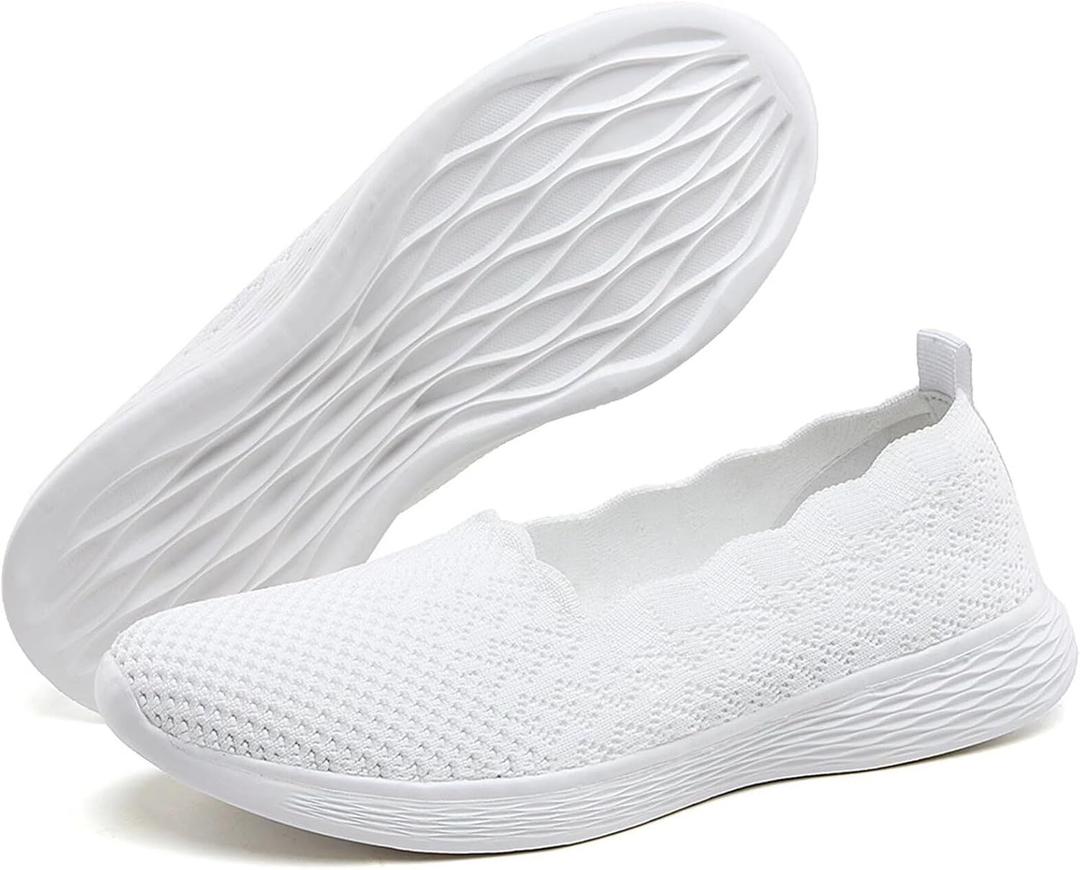 poemlady Women's Wide Slip on Loafer Shoes - Mesh Casual Ballet Flat Nurse Walking Sneakers Knit Round Toe Casual Low Wedge Wide Shoes, 1906 A/White, 11.5