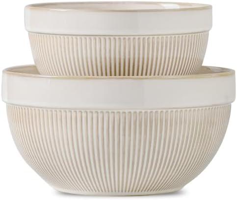 TEAKISS Ceramic Large Glazed White Stripe Mixing Bowls for Kitchen, Set of 1 Big Serving Bowls for Cooking, Popcorn, Salad, Soup, Baking, Dough Bread Making Bowl, 8 inch 1 Pack
