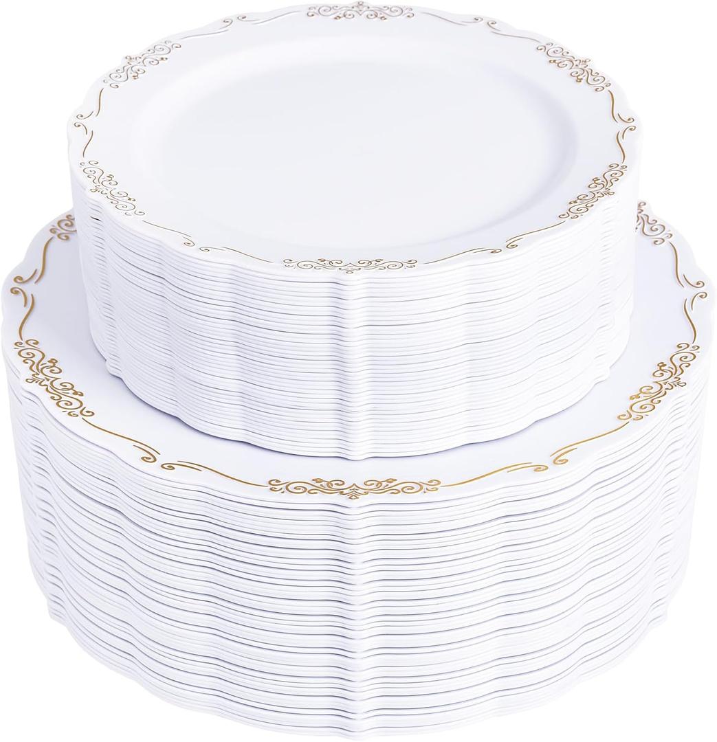 U-QE 100PCS Gold Plates Disposable - Heavy Duty White and Gold Plates Including 50PCS 10'' Dinner & 50PCS 7.5'' Dessert Plates Perfect for Upscale Party, Wedding
