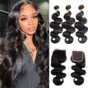 Bundles with Closure Human Hair 3 Bundles with Closure16 18 20+14 Body Wave Bundles with 5x5 Lace Closure Free Part Natural Black Color