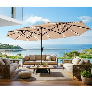 SUPERJARE 13ft Outdoor Patio Umbrella with Solar Lights, Double-sided Deck Pool Umbrella with 1.5 Inch Pole, Fade Resistant Canopy, 12 Sturdy Ribs, for Porch, Market, Backyard, Beige (No Base)