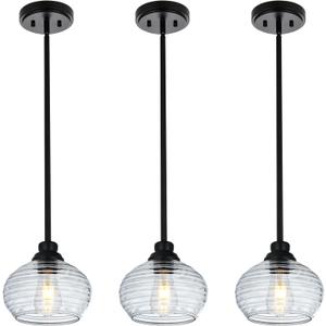 MELUCEE 3 Pack Pendant Lights Kitchen Island with Clear Water Ripple Glass, Modern Mini Chandeliers 1-Light Hanging Ceiling Light for Dining Room Bedroom Hallway, Adjustable Height