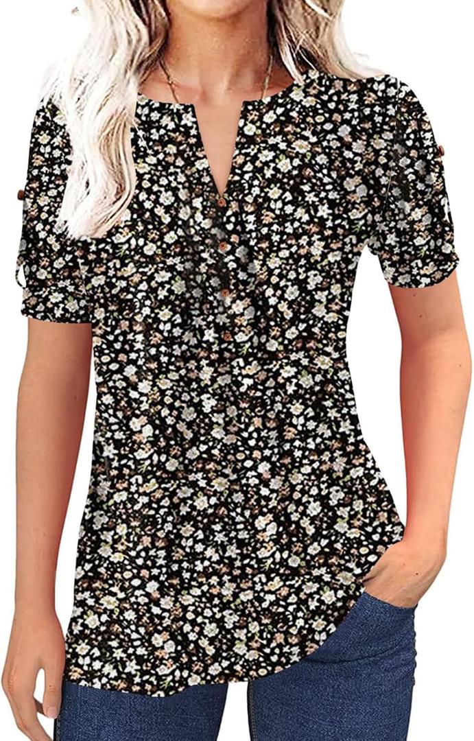 Women's Zipper Summer Pleated Button Short Sleeve T-Shirt Summer V-Neck Solid Color Casual top (Black)