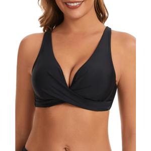 Womens Underwire Push Up Bikini Top Adjustable Wide Straps Cropped Tankini Swimsuit Top Only (Black, M)