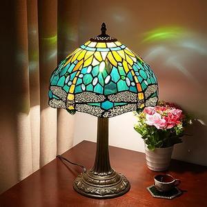Blivuself Tiffany Lamp Green Dragonfly Style Stained Glass Lamps Teal Bedroom Bedside Table Lamp for Dorm Office Art Craft Antique Decor Accent Aesthetic Nightstand Retro Metal Reading Lamps 12 inch