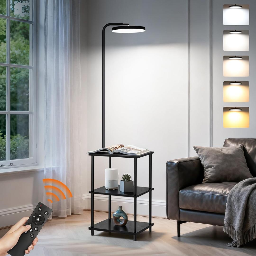LED Floor Lamp with Table, 25W/ 3000LM Super Bright Floor Lamp with Remote, End Table with Lamp Attached Stepless Dimmable, Side Tables with Lamp with 350° Rotating Head for Living Room Bedroom Office